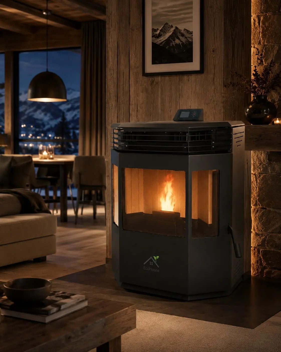 Black faceted pellet stove with panoramic glass and a lit flame in a wood-panelled chalet at night