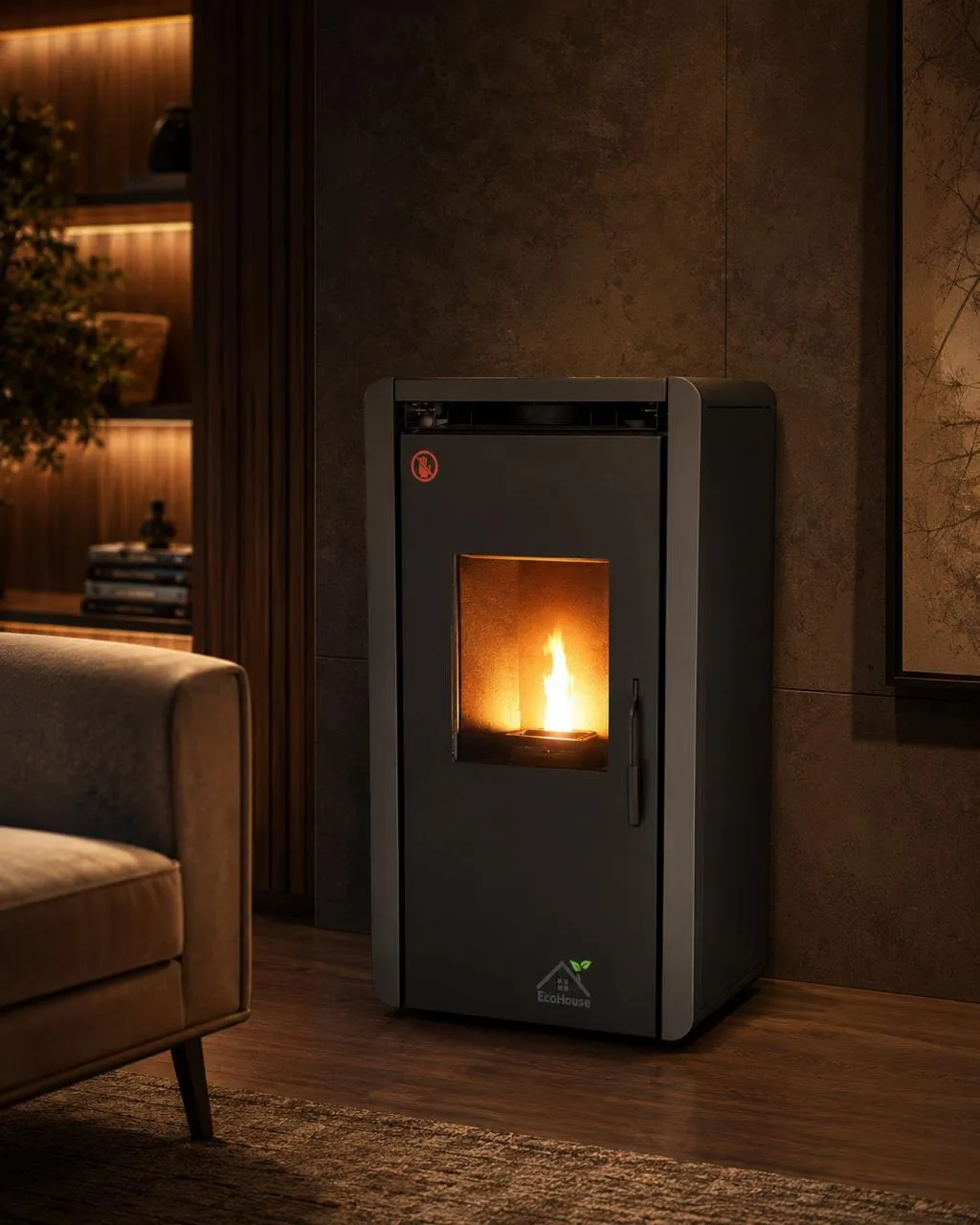 Dark graphite pellet stove glowing in a living room at night, a sofa and bookshelves beside it