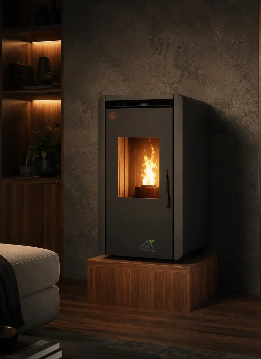 Dark graphite pellet stove on a wooden plinth beside lit wood shelves at night