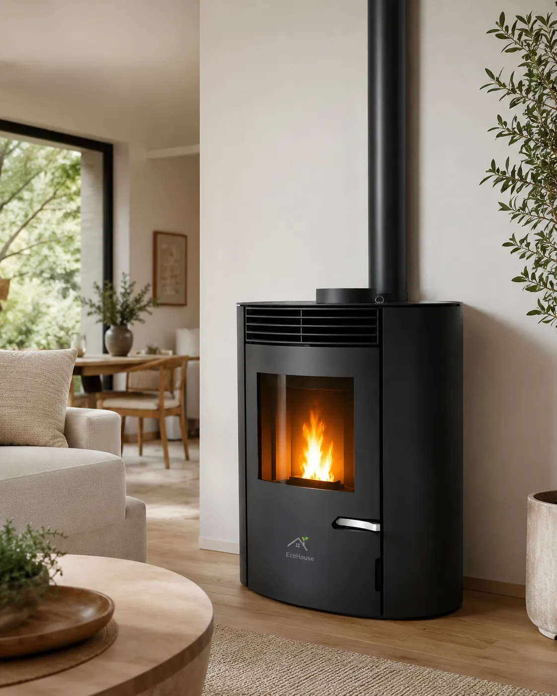 Black curved pellet stove with a lit fire in a bright modern living room beside a sofa and greenery