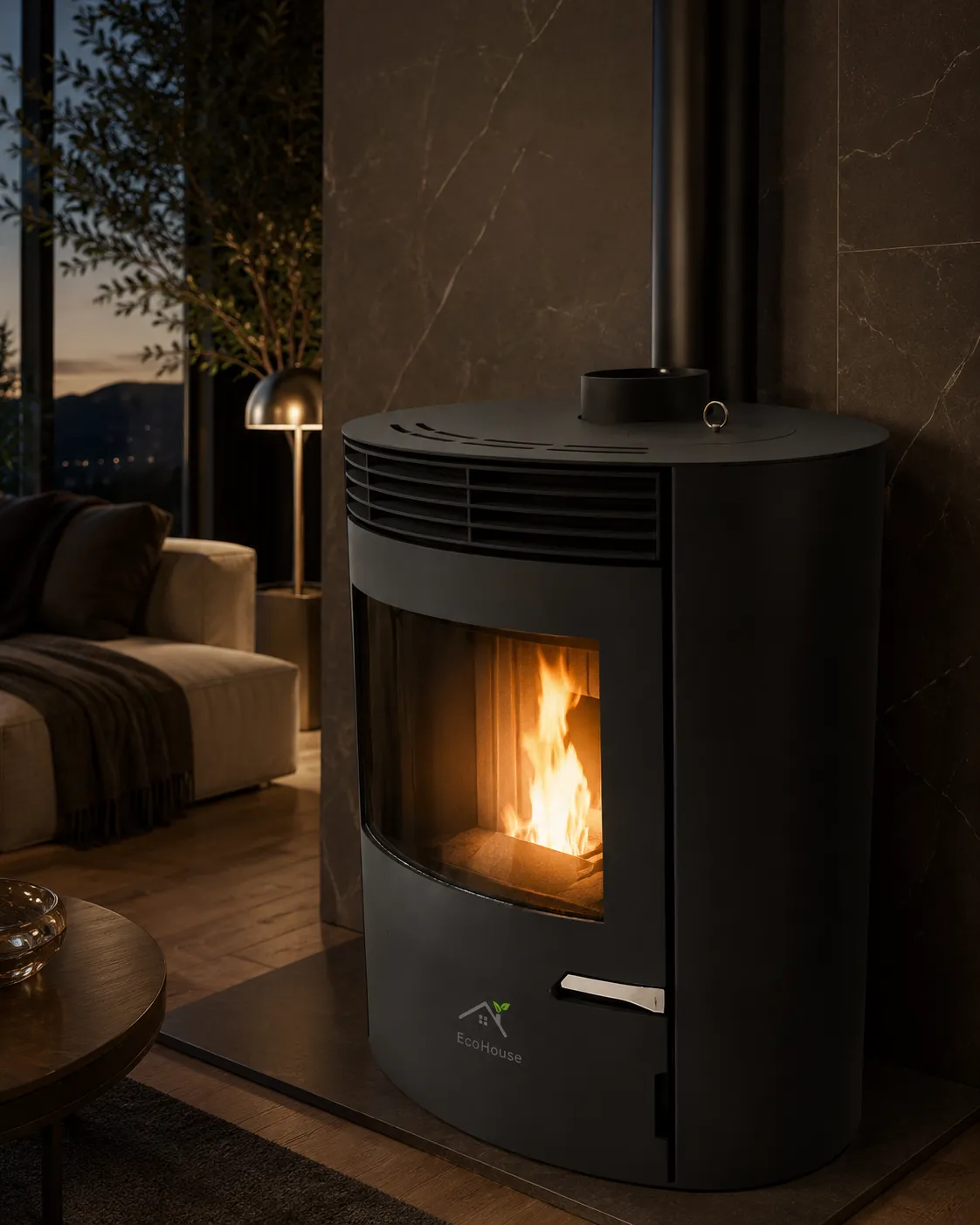 Black curved pellet stove with a glowing fire in a cozy living room at dusk
