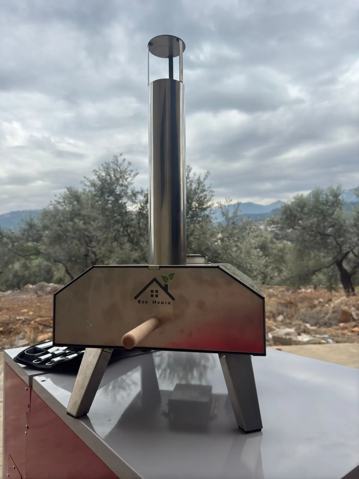 The pellet pizza oven against the olive grove and mountains