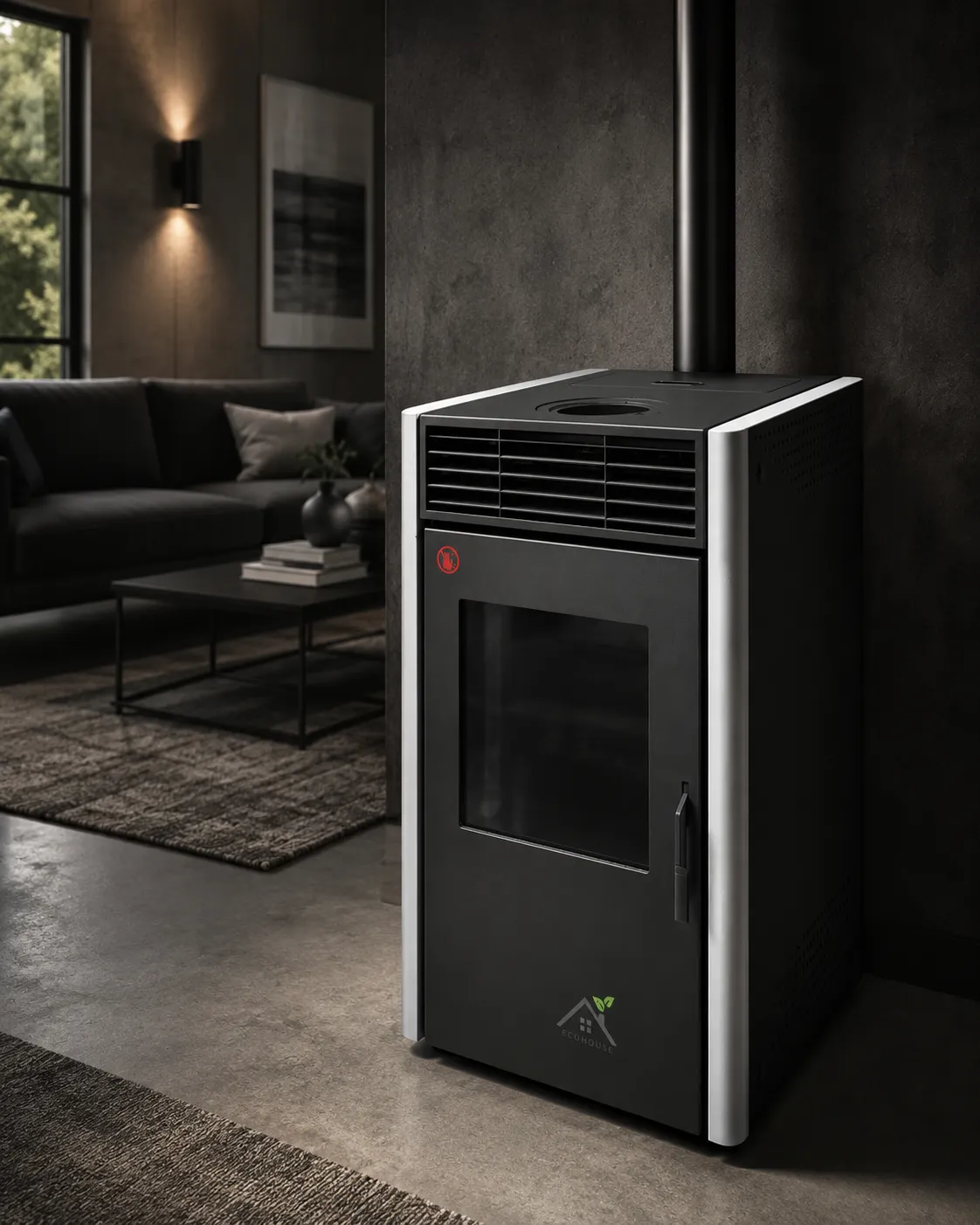 Black pellet stove with silver trim and a cooktop ring in a modern living room with a dark sofa