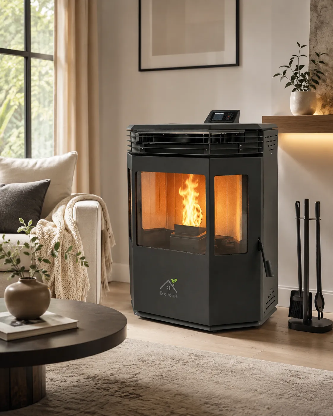 Black faceted pellet stove with a wide panoramic curved window and lit fire in a bright modern living room