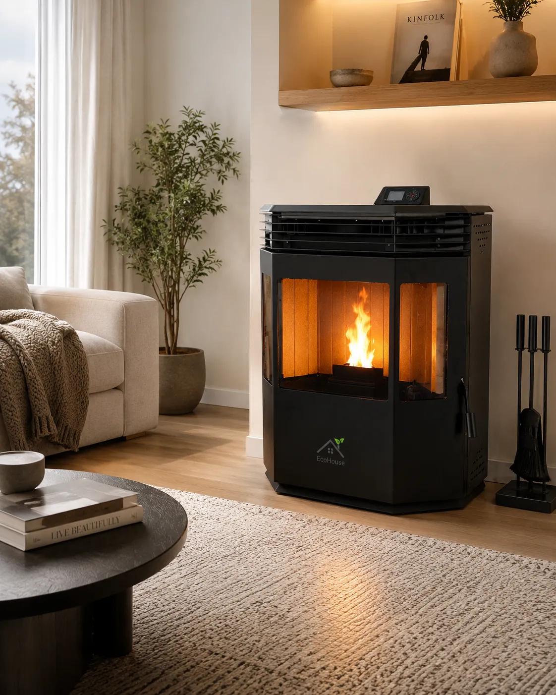 Black faceted pellet stove with a panoramic window in an airy daylit living room with a potted tree