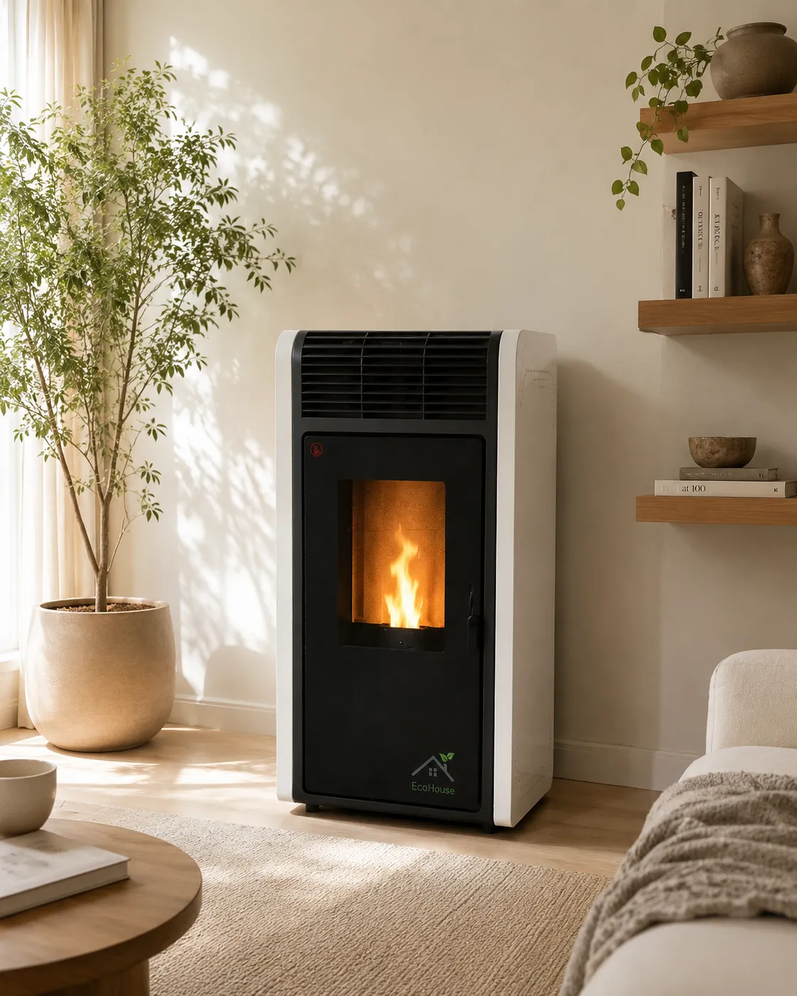 White and black pellet stove with a lit flame in a bright living room with a tree and wood shelves