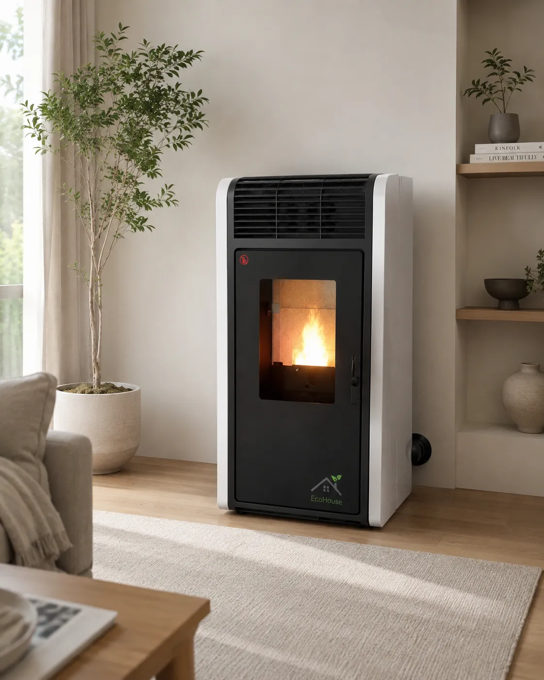 White and black pellet stove with a lit flame in a warm living room with a plant