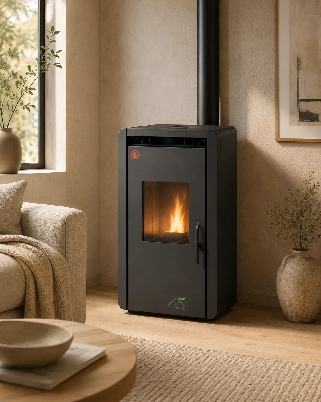 Graphite pellet stove with a cooktop ring and lit fire in a bright living room beside a window and sofa