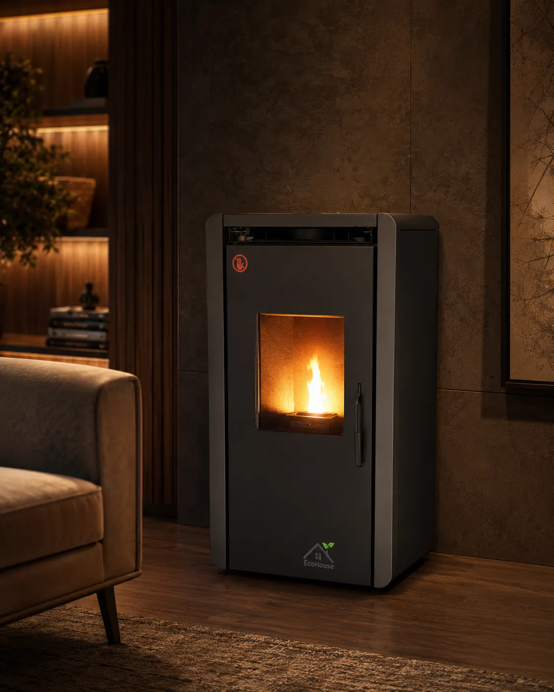 Graphite pellet stove with a cooktop ring and lit fire in a cozy room with warm wood shelving