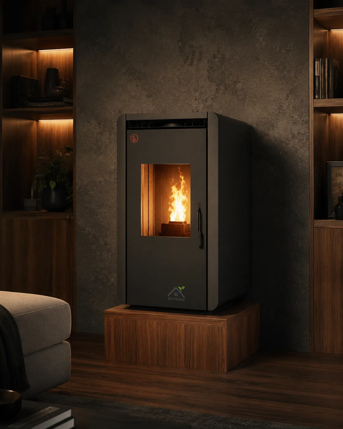 Graphite pellet stove with a cooktop ring and lit fire on a wood base in a dark room