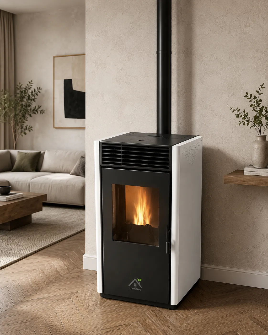 White pellet stove with a black front door and lit flame in a warm living room